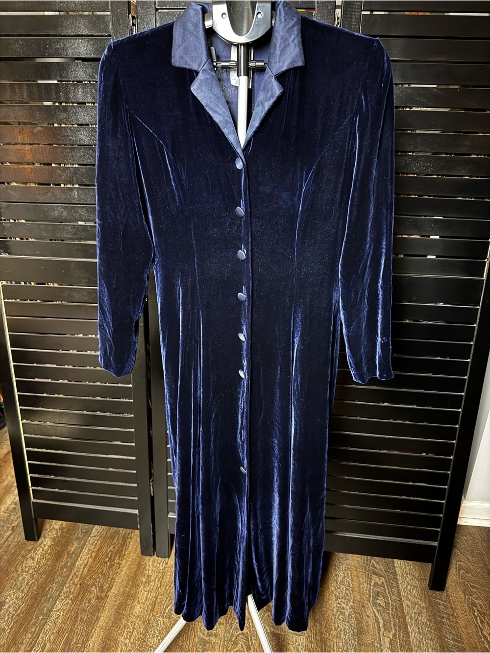 Vintage Laura Ashley Deep Navy Velvet Button-Front Maxi Dress